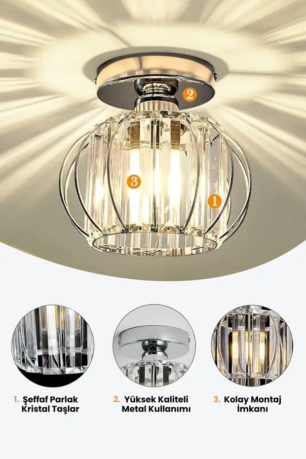 Bella Luce Model Krom Renk Kaplama Metal Kristal Taşlı Yatak Salon Oturma Odası Plafonyer Avize